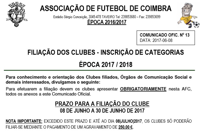 Época 2017-2018 | Filiação de Clubes e Inscrição de Equipas